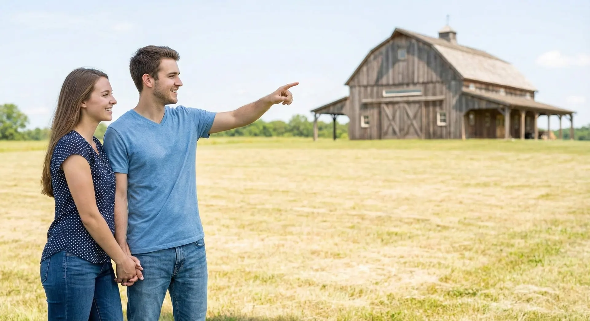 Engaged couple touring a rustic barn wedding venue during their venue search