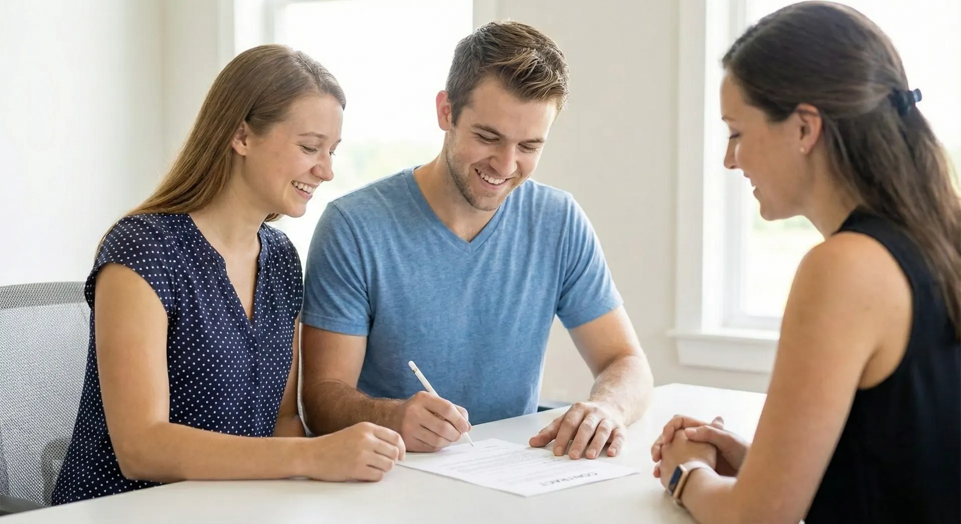 Couple signing wedding venue booking contract after successful tour